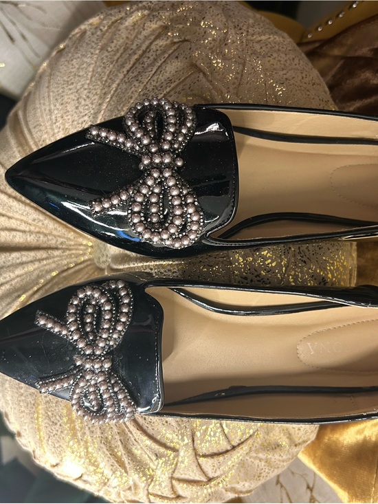 Shoes - Patent Black Pointed Flats with Pearl Bow Accent